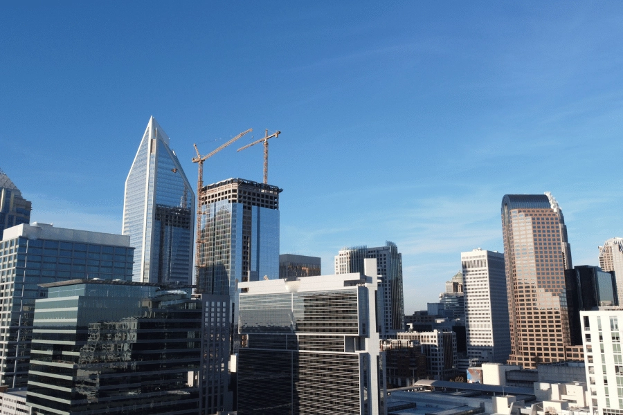 Charlotte, NC skyline and close up of tall buildings on a cloudless day
